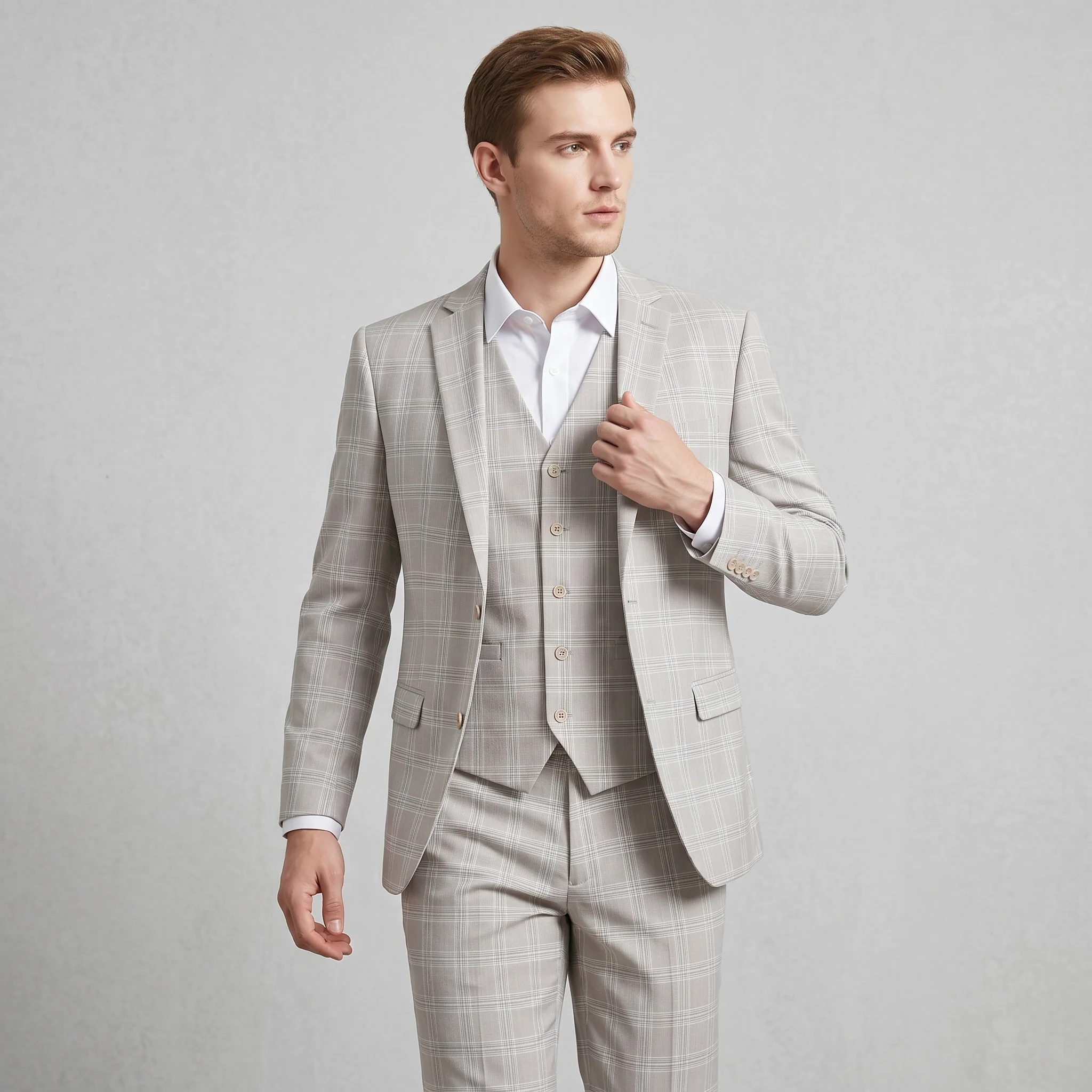 Joseph Michael Men's Light Grey 3-Piece Slim Fit Plaid Suit - Image 2