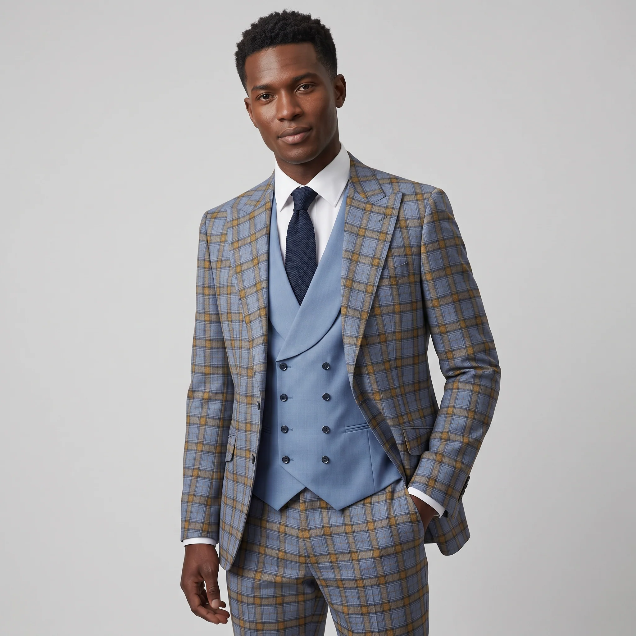 Pino Baldini Ava Men's Indigo 3-Piece Plaid Suit