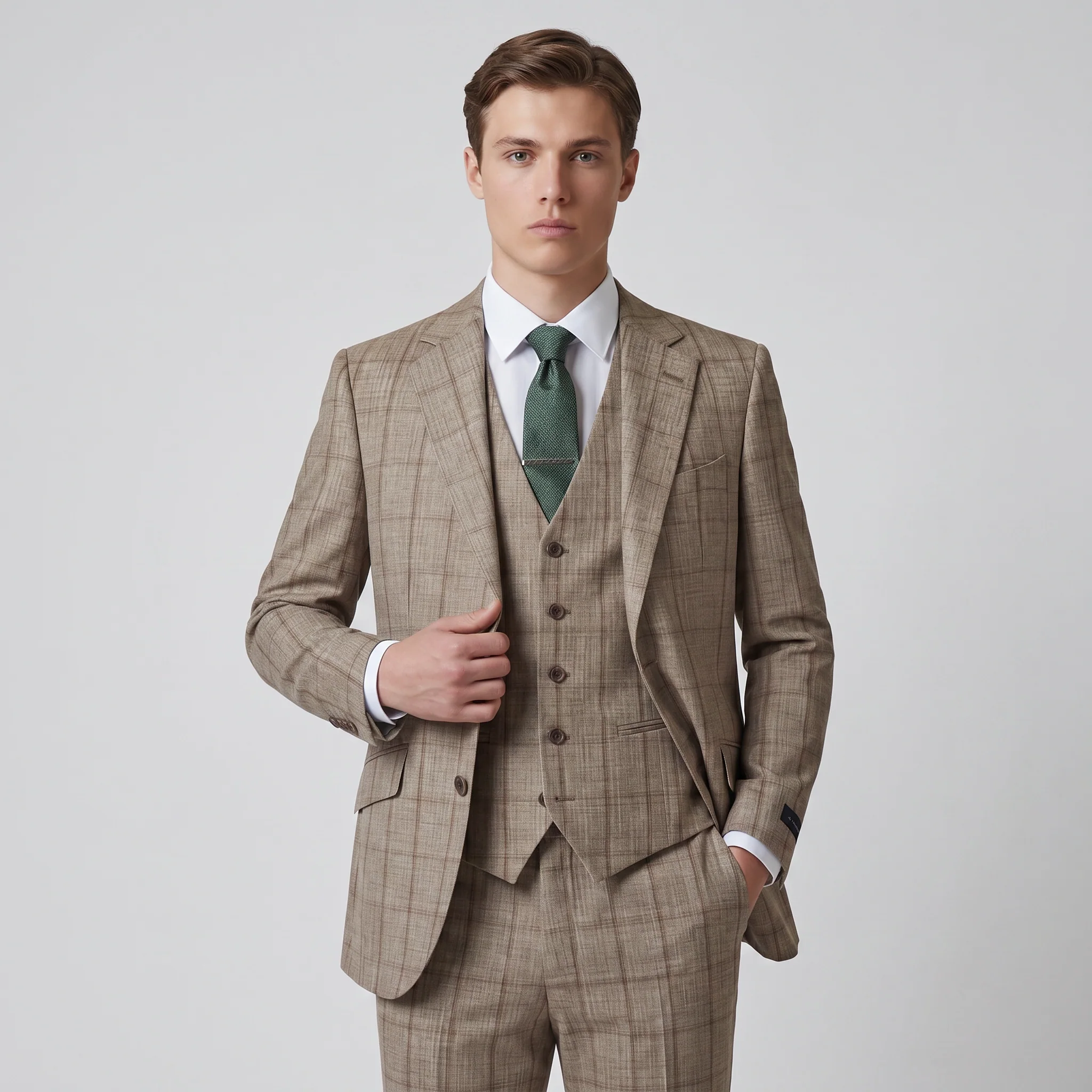 Joseph Michael Botura Men's Camel Modern Fit 3-Piece Plaid Suit