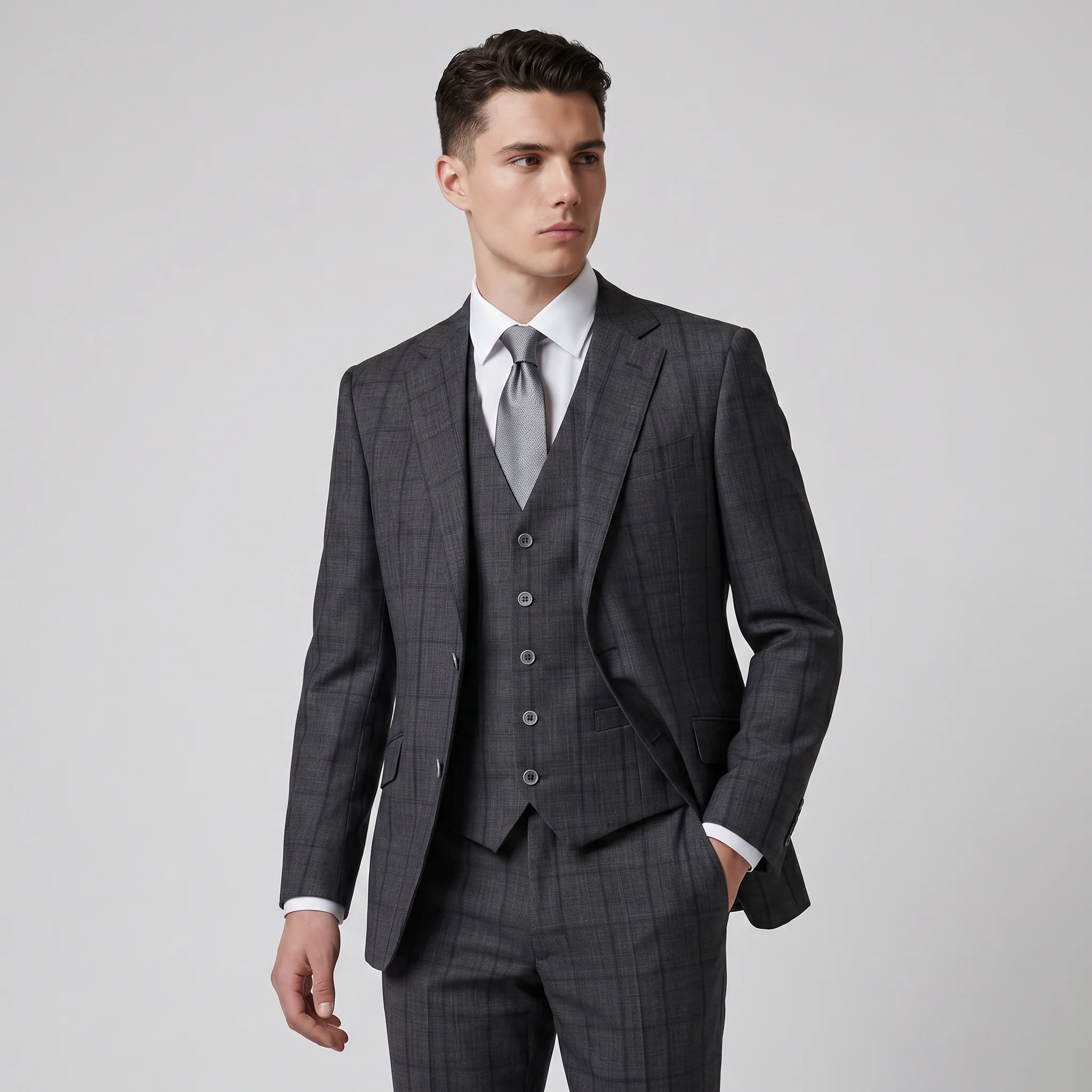Joseph Michael Botura Men's Carbon Modern Fit 3-Piece Plaid Suit