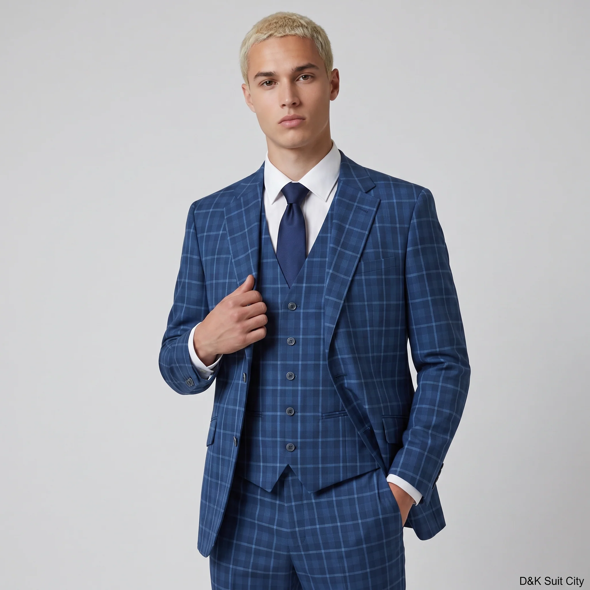 Joseph Michael Modena Men's Blue Modern Fit 3-Piece Plaid Suit
