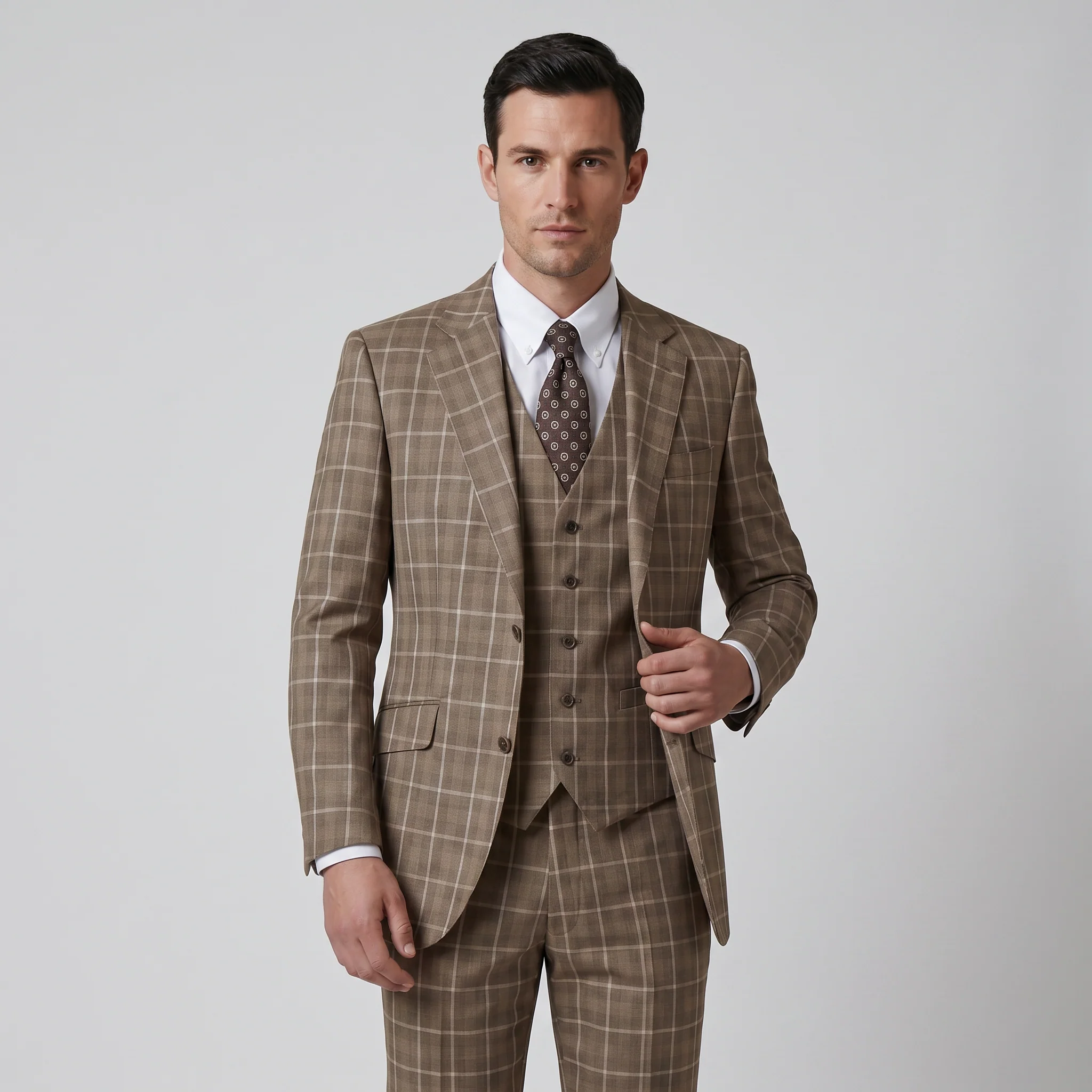 Joseph Michael Modena Men's Tan Modern Fit 3-Piece Plaid Suit