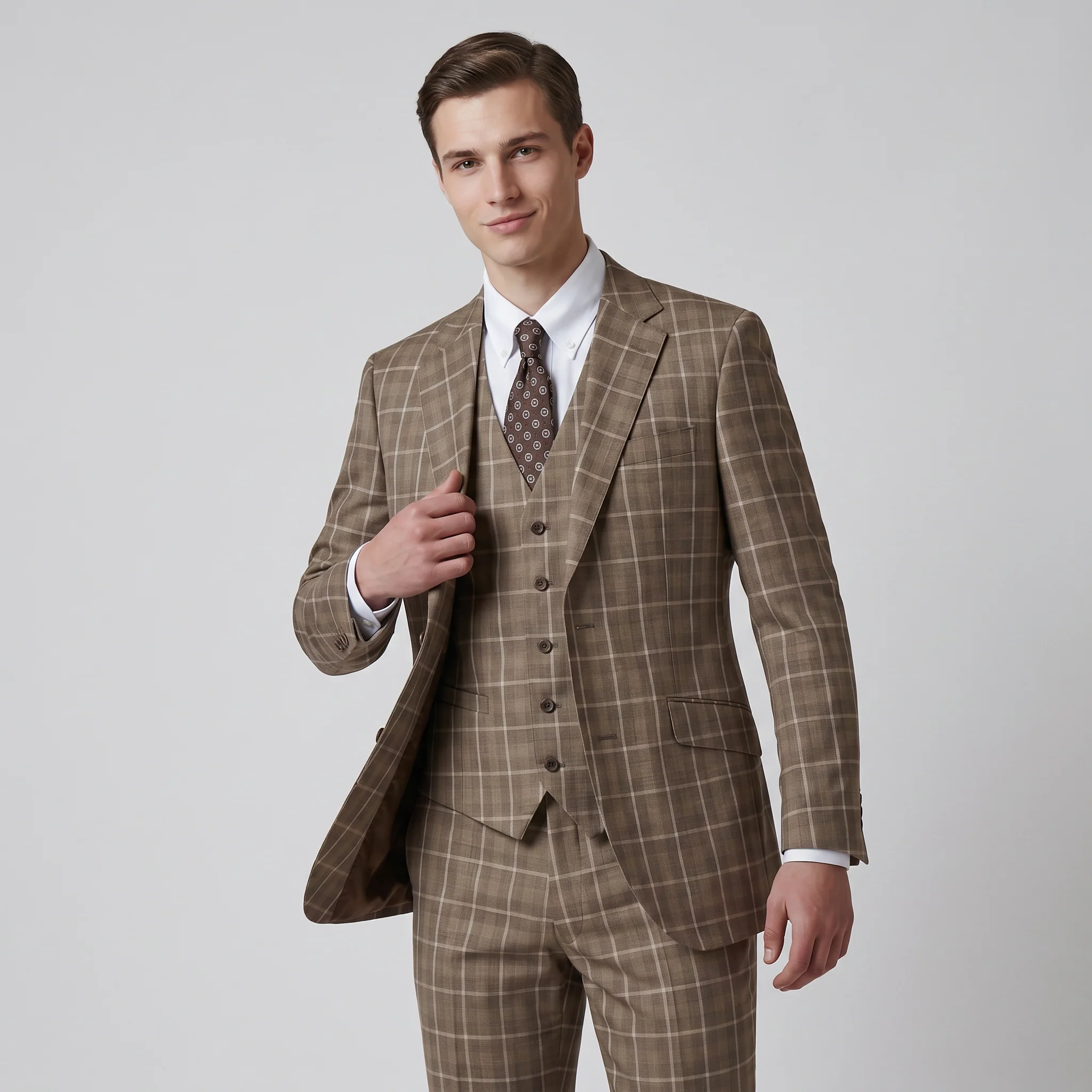 Joseph Michael Modena Men's Tan Modern Fit 3-Piece Plaid Suit - Image 2