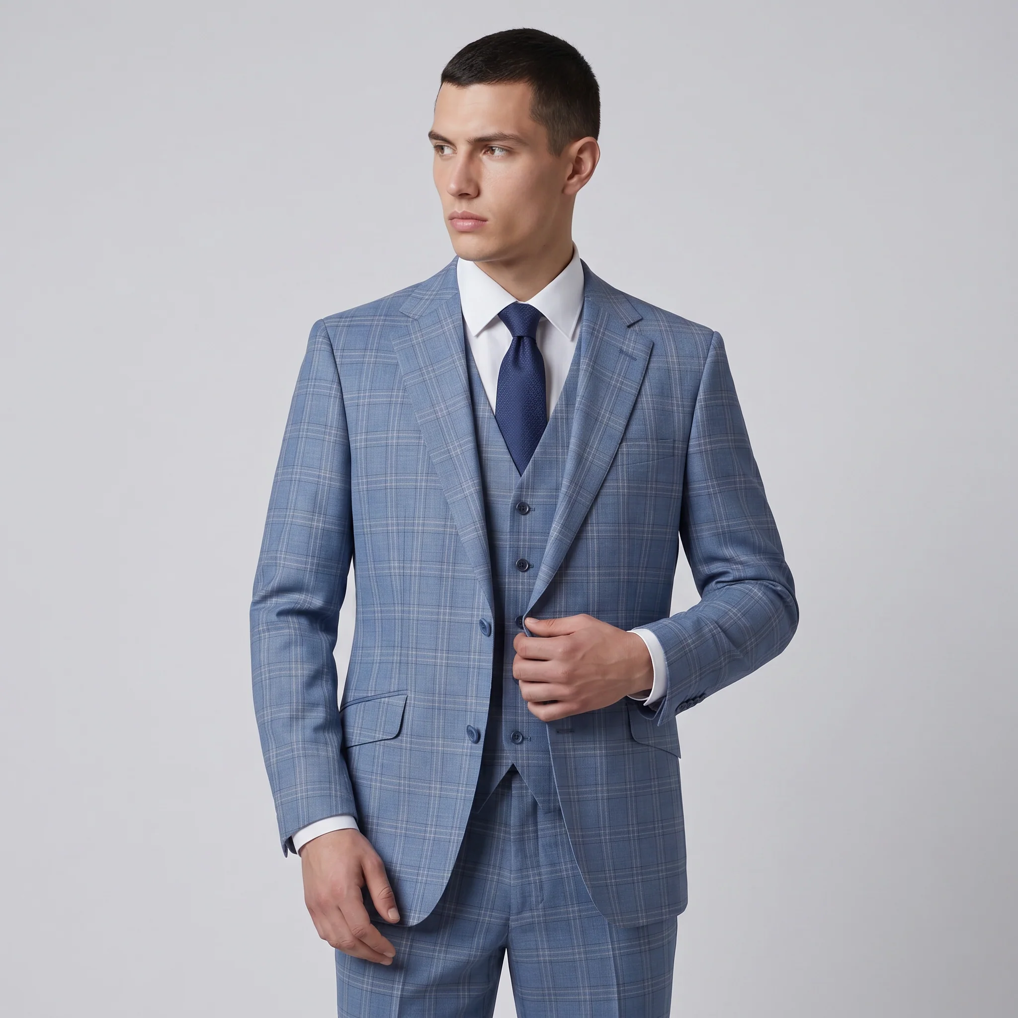 Joseph Michael Osteria Men's Steel Blue Modern Fit 3-Piece Plaid Suit