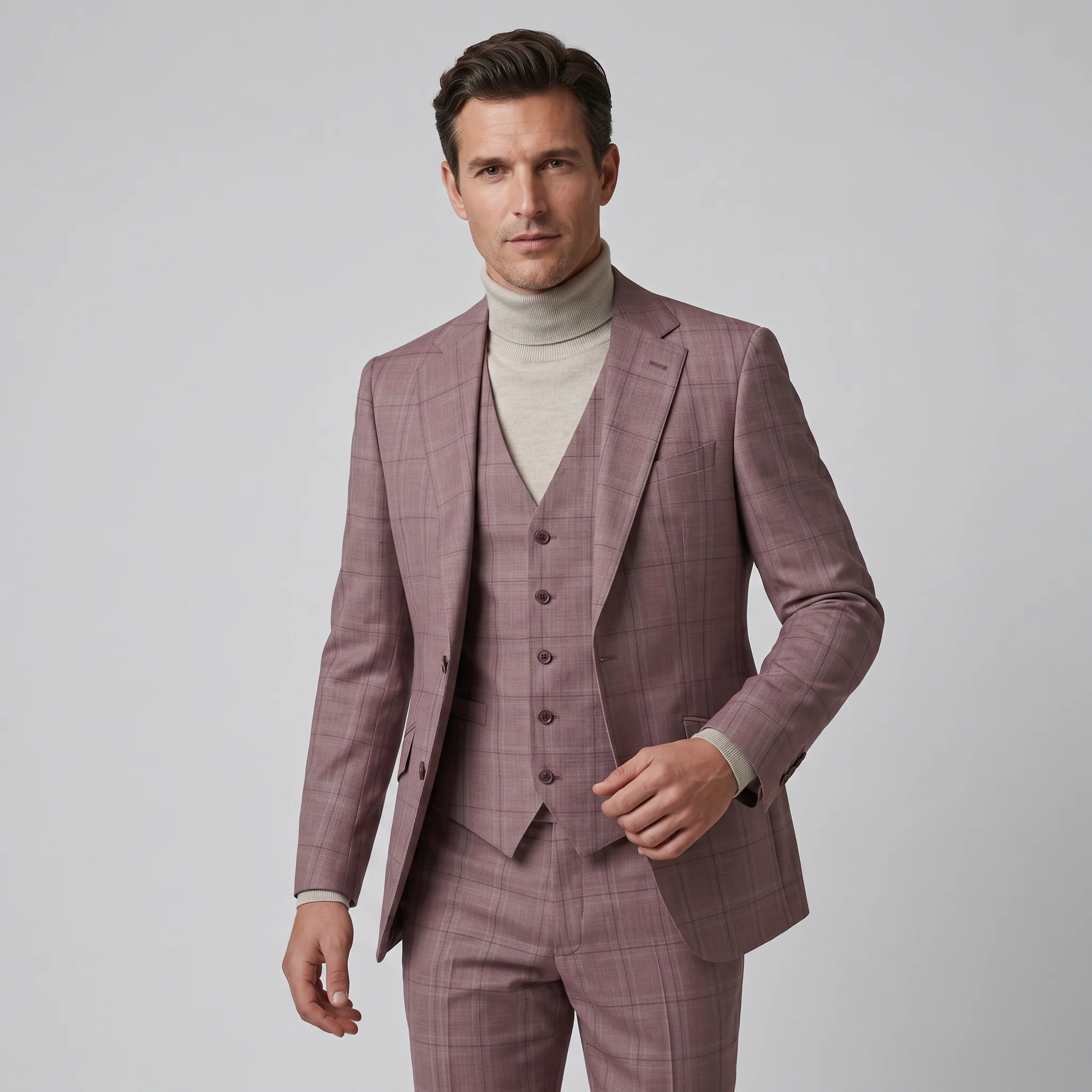 Joseph Michael Puglia Men's Mauve Modern Fit 3-Piece Plaid Suit - Image 3
