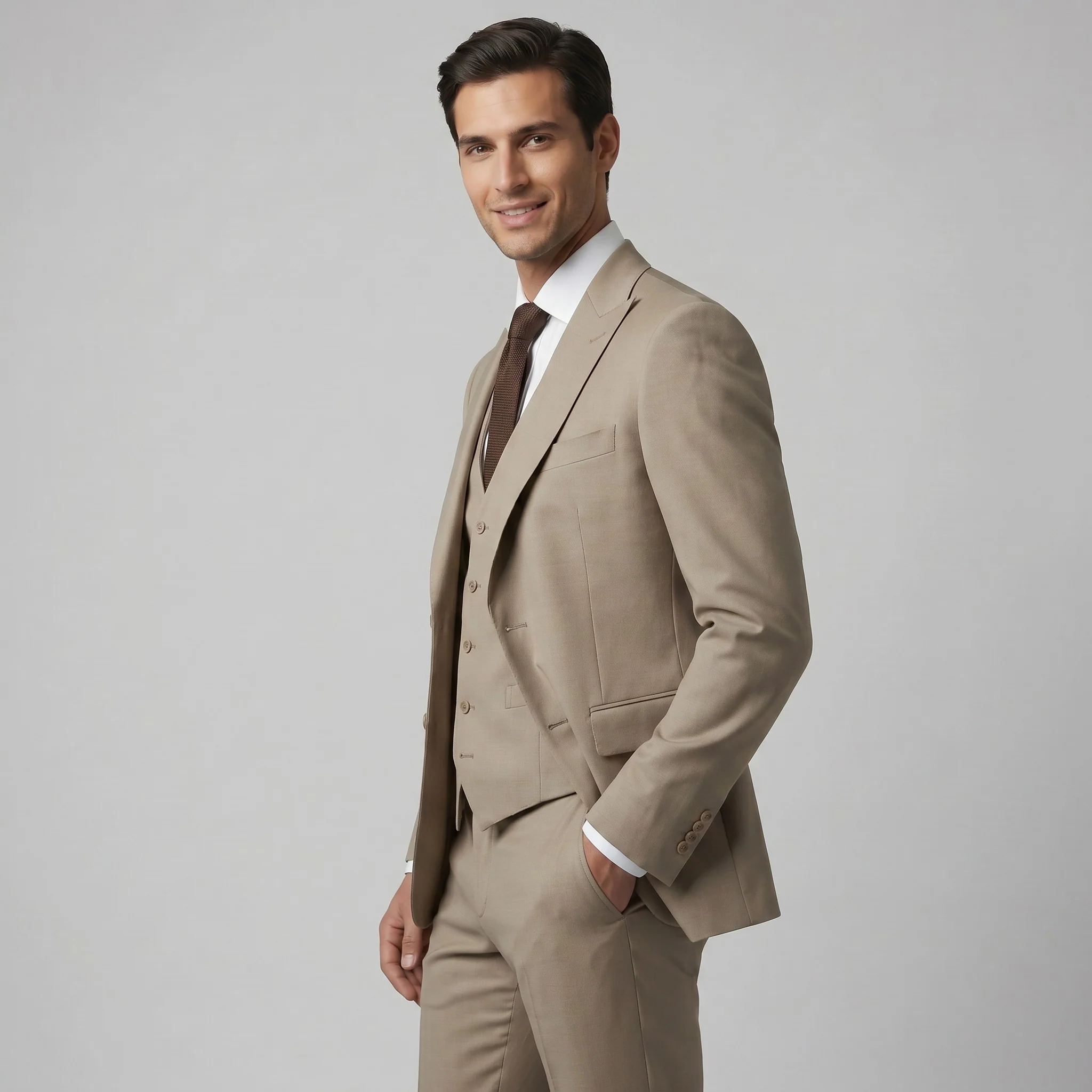 Ideal Men's Beige 3-Piece Slim Fit Vested Suit — Peak Lapel - Image 3