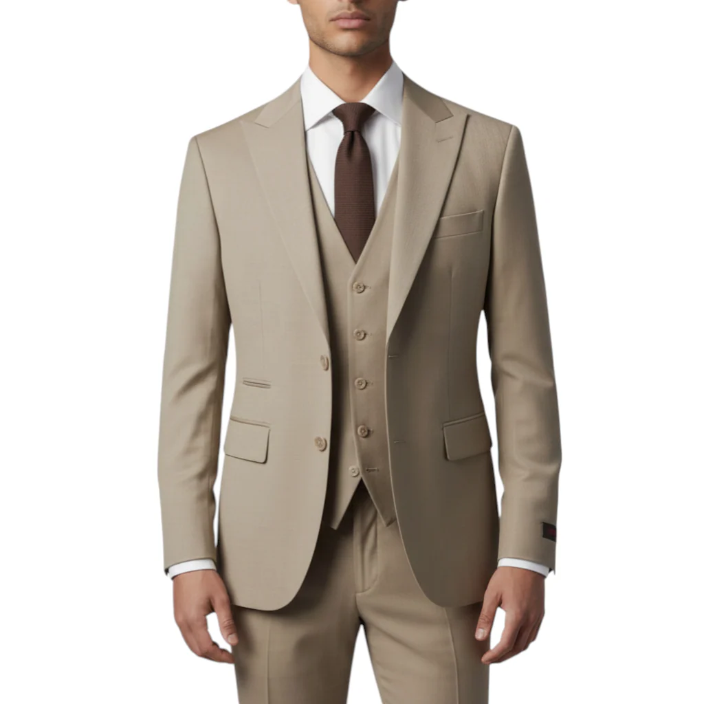 Ideal Men's Beige 3-Piece Slim Fit Vested Suit — Peak Lapel - Image 4