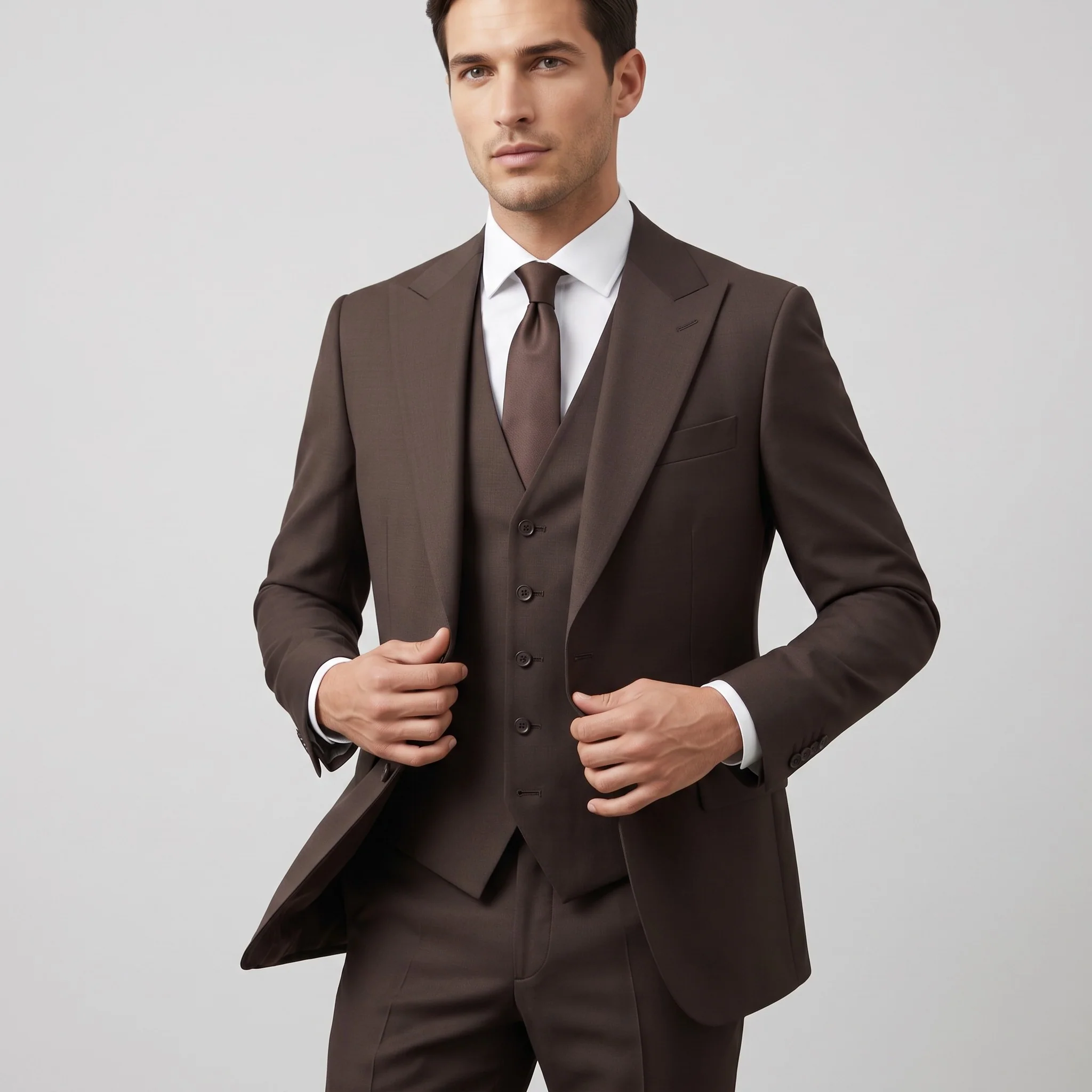 Ideal Men's Brown 3-Piece Slim Fit Vested Suit — Peak Lapel
