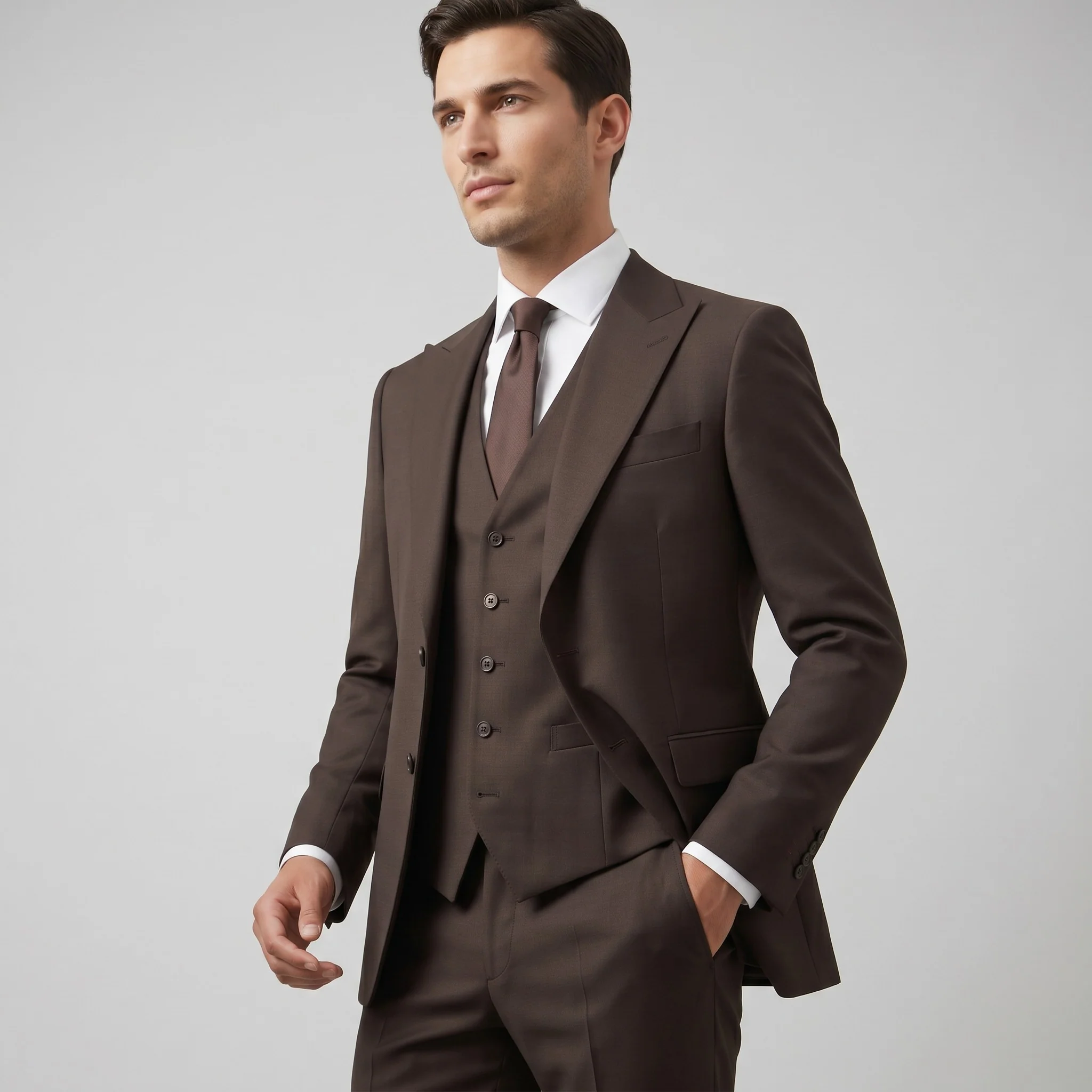 Ideal Men's Brown 3-Piece Slim Fit Vested Suit — Peak Lapel - Image 2
