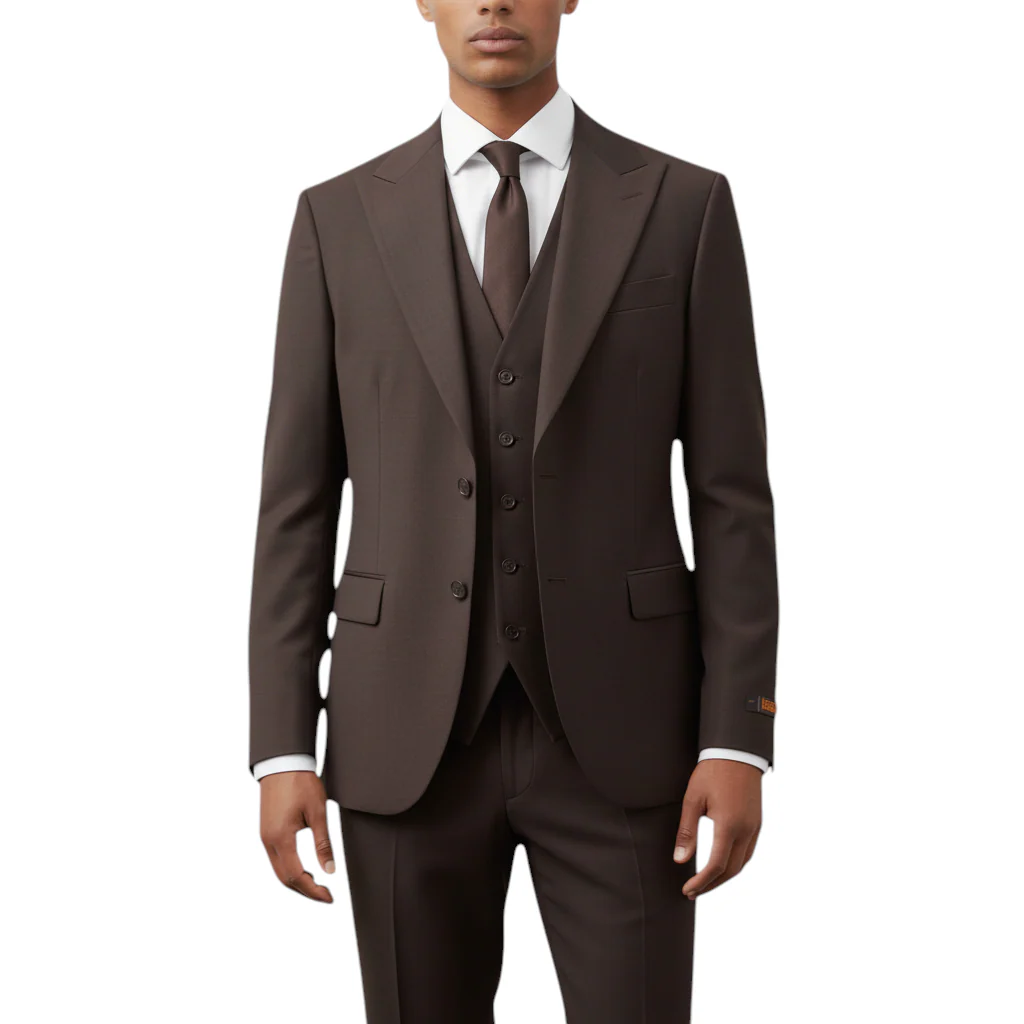 Ideal Men's Brown 3-Piece Slim Fit Vested Suit — Peak Lapel - Image 3