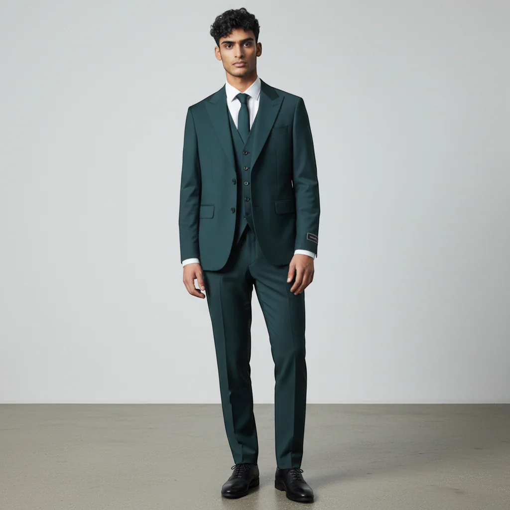 Ideal Men's Forest Green 3-Piece Slim Fit Vested Suit — Peak Lapel - Image 4