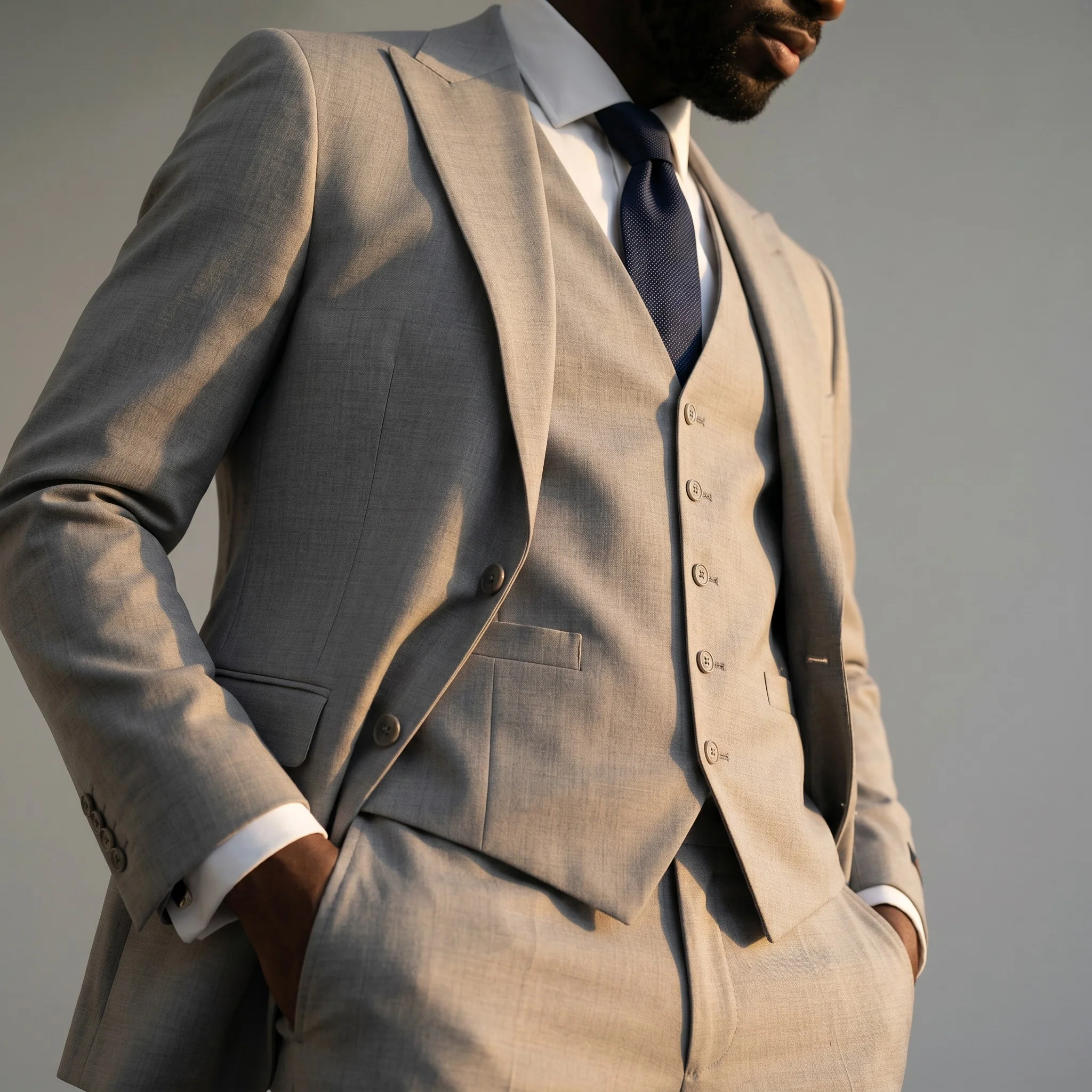 Ideal Men's Light Grey 3-Piece Slim Fit Vested Suit — Peak Lapel - Image 2