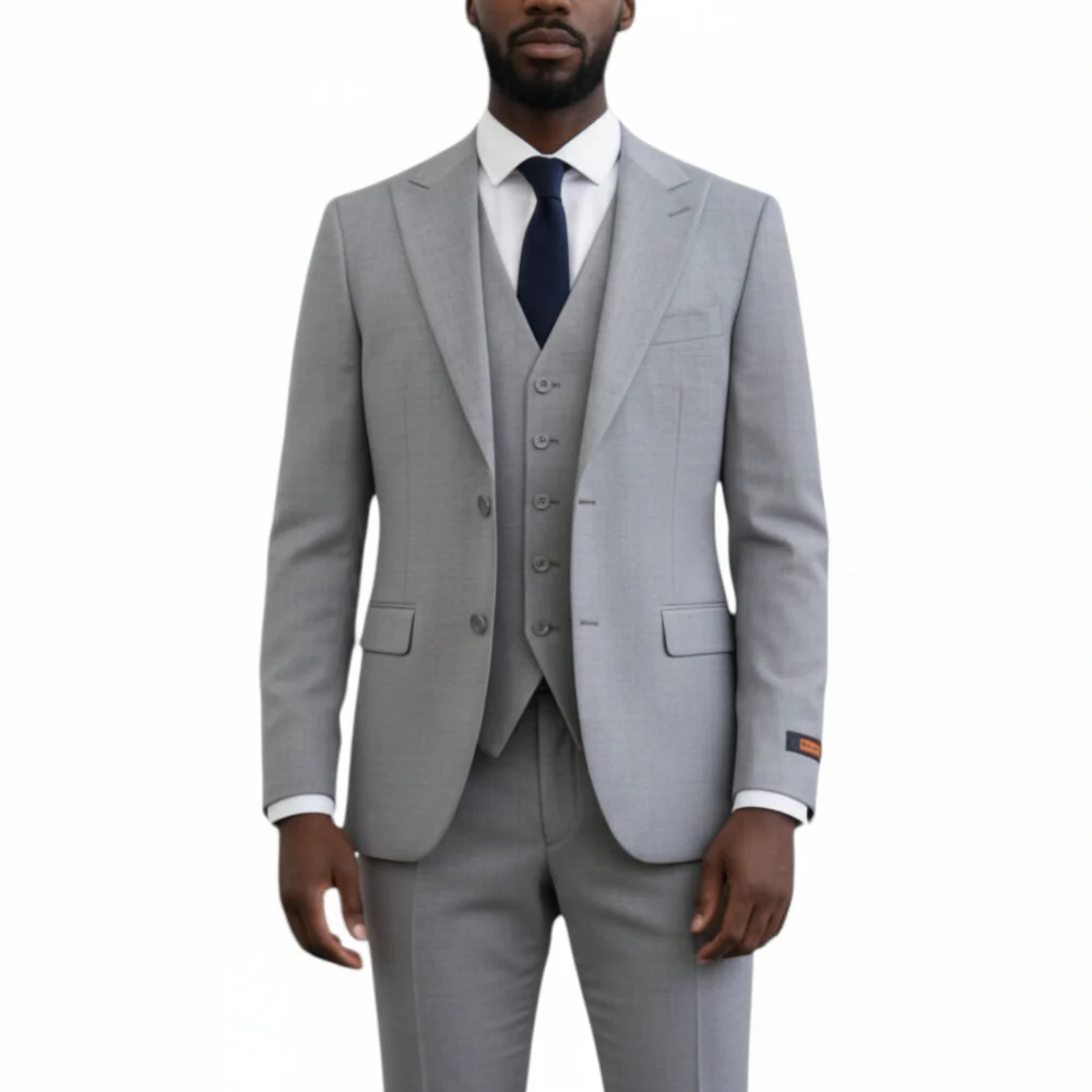 Ideal Men's Light Grey 3-Piece Slim Fit Vested Suit — Peak Lapel - Image 3