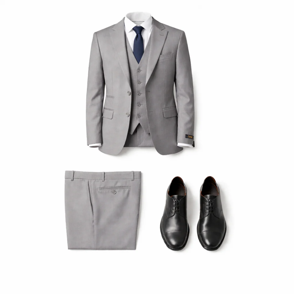 Ideal Men's Medium Grey 3-Piece Slim Fit Vested Suit — Peak Lapel - Image 5