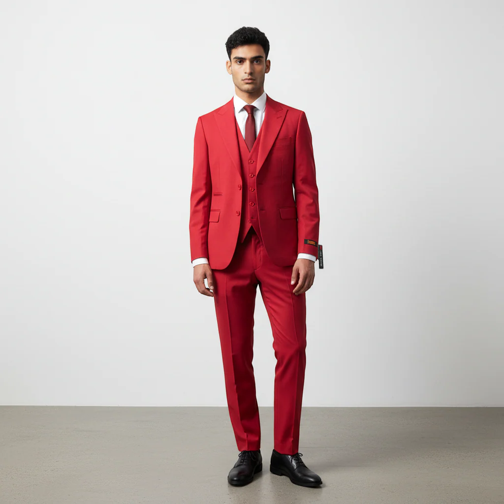 Ideal Men's Red 3-Piece Slim Fit Vested Suit — Peak Lapel - Image 4