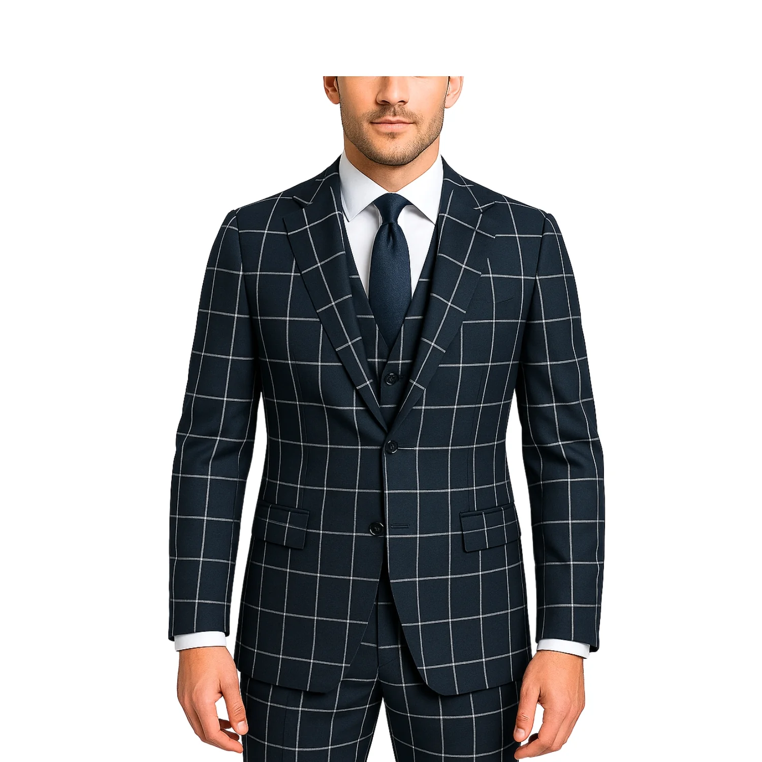 Vested Navy Plaid Modern Fit Suit - Image 3